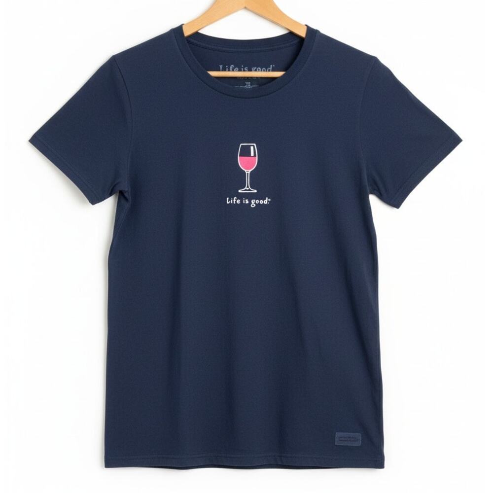 Life is Good Womens M Vintage Leisure Outdoors Funny Wine Graphic Navy Blue Tee